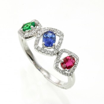 Anillo oro blanco tsavorita, zafiro, rubí y brillantes