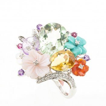 Anillo en oro blanco flores colores