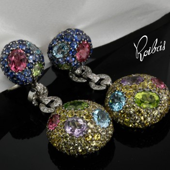 Pendientes oro blanco gemas de color