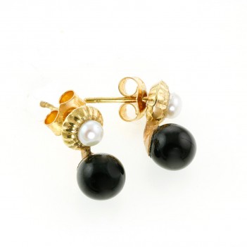 Pendientes oro amarillo, azabache, y perlas
