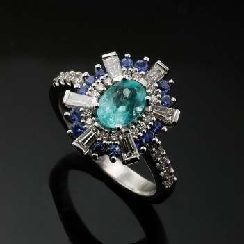 Anillo turmalina Paraíba natural, diamante y zafiro